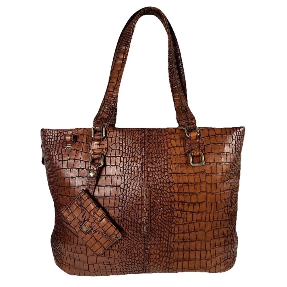 Piquadro Croc-Embossed Italian Leather Laptop Tote Briefcase Expandable Fits 14”